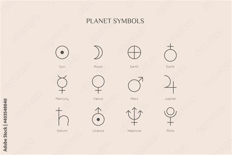 Planet Symbol Icons in Minimal Trendy Liner style. Vector astrological sign: Sun, Moon, Earth ...