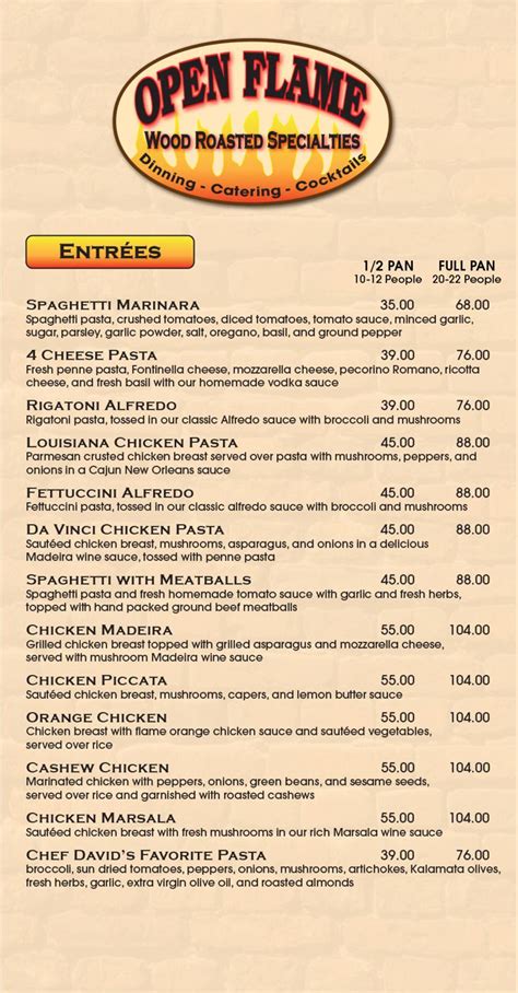 Open Flame Restaurant: Pickup Menu