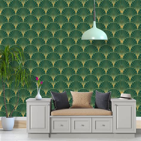 Geometric Art Deco Green Gold Wallpaper Monochrome Embossed | Etsy