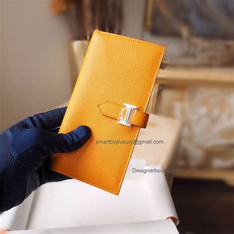 Replica Hermes Bearn Wallet Handmade in 9v Jaune Dor Goatskin PHW