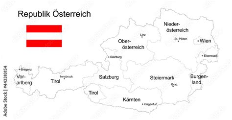 Landkarte Republik Österreich zum ausmalen, mit Flagge, Bundesländer ...