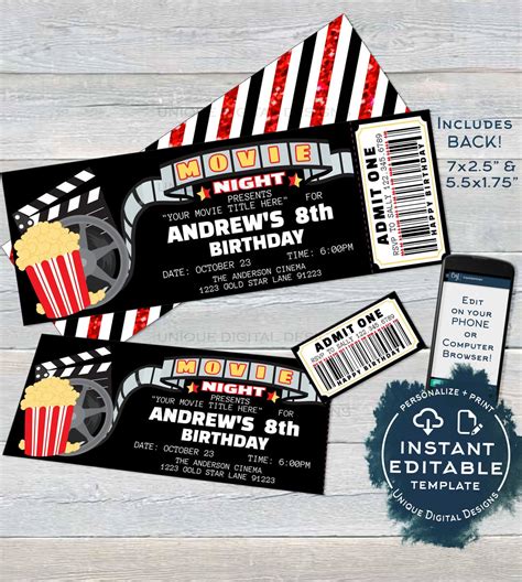 Movie Night Invitation, Movie Birthday Party Invite, Cinema Editable M
