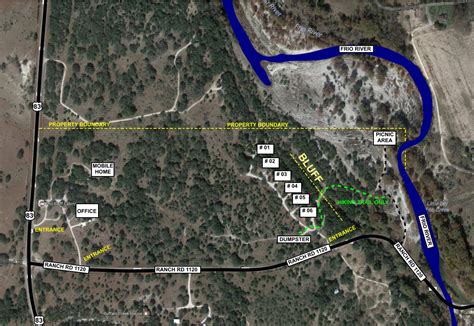 Map of Frio Bluff Cabins, 1,000 feet of private water frontage on the Frio River