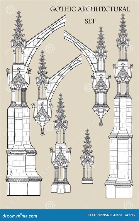 Set of the Medieval Gothic Architectural Elements. Flying Buttresses, Ornate Towers Stock Vector ...