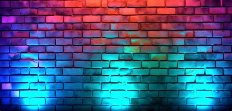 brick wall pattern background with colorful futuristic neon lights ...