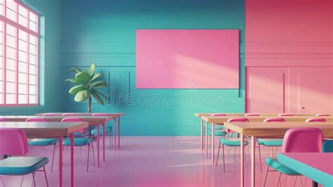 Empty Colorful Classroom with Desks and with Green Board in School Stock Illustration ...