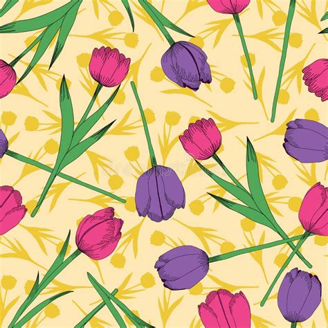 Pink Purple Tulips Vector Seamless Pattern on Yellow Background Stock ...