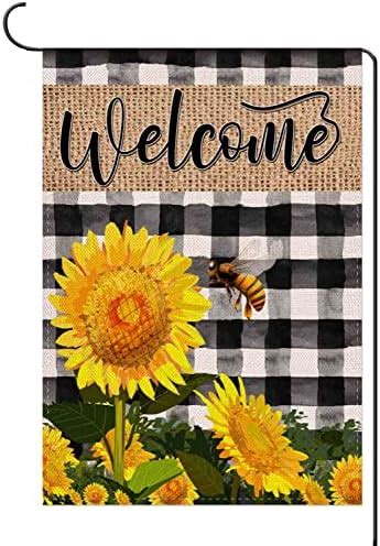 Amazon.com : Welcome Spring Bee Garden Flag White and Black Sunflower Garden Flag Burlap ...