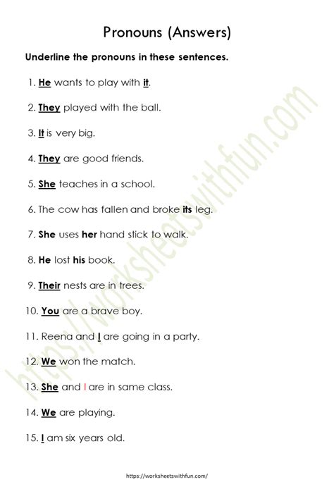 English - Class 1: Pronouns Worksheet 4 (Answers) | WWF