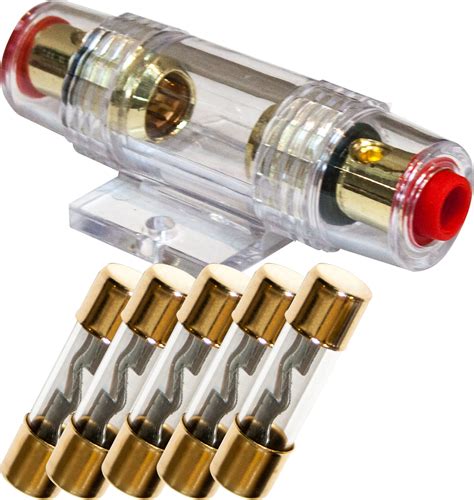 High Quality Gold In-line 4 or 8 Gauge AGU Fuse Holder + 5 Pack 60 AMP AGU Fuses