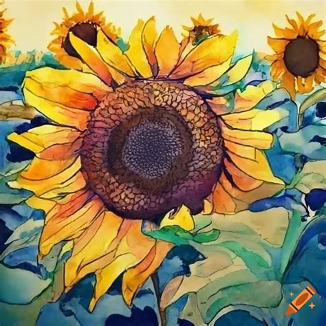 Watercolor sunflower field in #00635c #7dd5bf #568719 #a0cd62 #8e4c1c ...