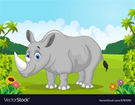 Cartoon happy rhinoceros in the jungle Royalty Free Vector