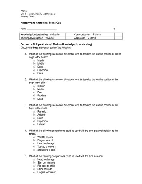 Anatomy and Anatomical Terms Quiz