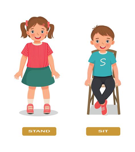 Opposite adjective antonym words sit and stand illustration of little ...