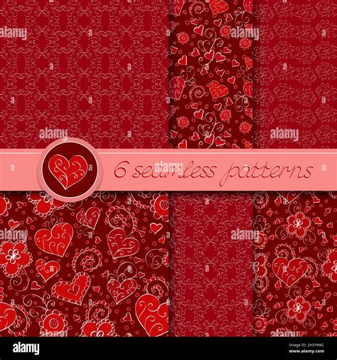 Vector set of six seamless hand drawn patterns for Valentine's Day. In red color Stock Vector ...