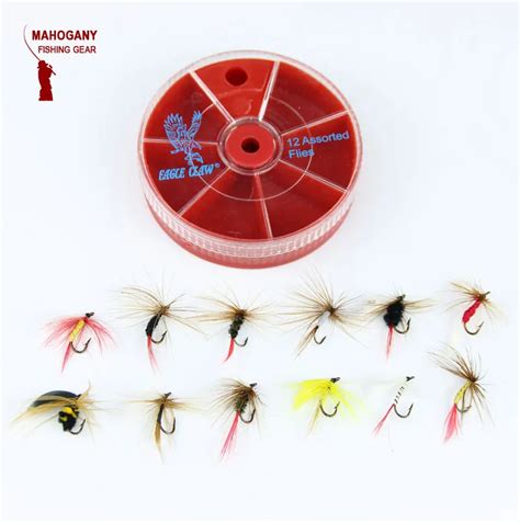 Eagle Claw 12 assorted flies wet dry fly fishing lures with plastic fly ...