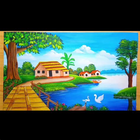 draw riverside village scenery drawing with oil pastel how to draw nature drawing easy | drawing ...
