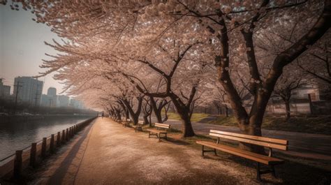 Seoul Cherry Blossom Park Bench Background, Cherry Blossoms In Shinyokohama Park, Hd Photography ...