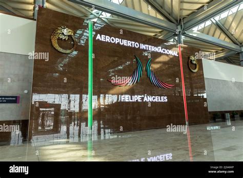 Interior of the Felipe Angeles International Airport. Departures lobby. Wall with letters ...