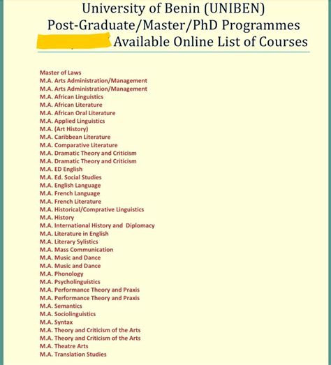 University of Benin, UNIBEN Postgraduate Courses And Requirements