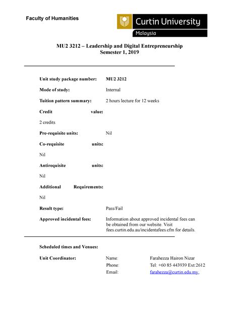 LDE 2019 Unit Outline Curtin University - MU2 3212 – Leadership and ...