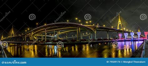 Bhumibol Bridge Night Time Panorama View Editorial Stock Image - Image ...