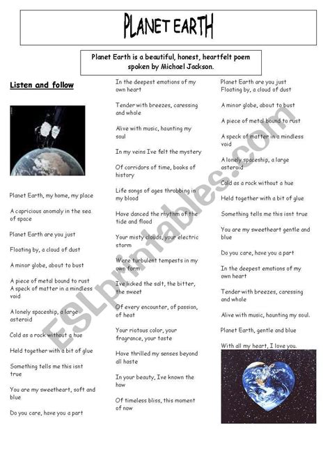 Planet Earth - a poem spoken by Michael Jackson - ESL worksheet by ...