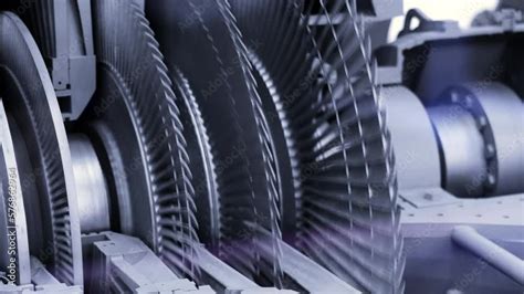 Close up of balancing steam turbine spinning rotor. Media. Industrial background with spinning ...