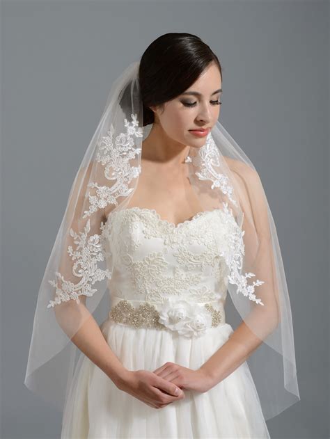 Ivory elbow wedding veil V051n alencon lace