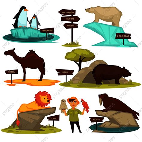 Zoo Animals Set Vector Art PNG, Zoo Animals Names And Direction Signs ...