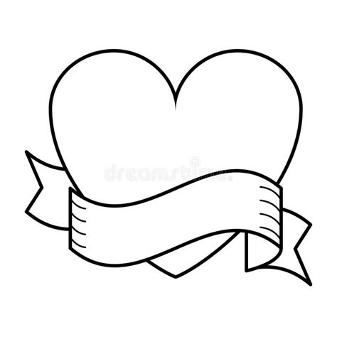 Heart with Ribbon Banner in Black and White Stock Vector - Illustration ...