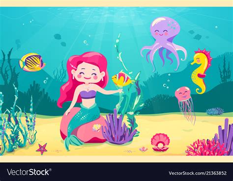 Cartoon mermaid background with fish rocks coral Vector Image