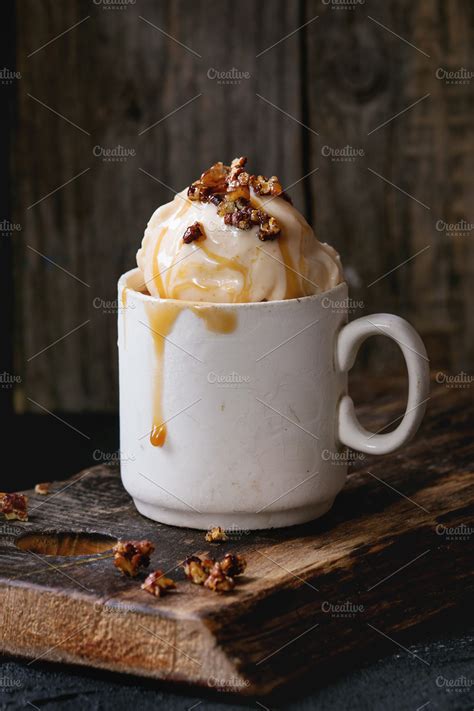 Caramel Ice cream with sauce ~ Food & Drink Photos ~ Creative Market