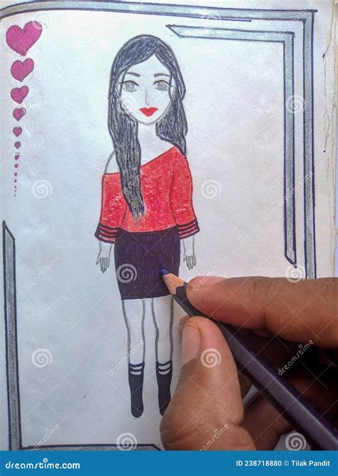 Kid Drawing Beautiful Girl on Notebook. Colour Pencil in Hand Stock Photo - Image of painting ...