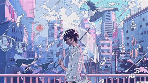 Water Anime Boys Anime Fish City Anime City Umbrella Mask Whale Digital Art Wallpaper ...