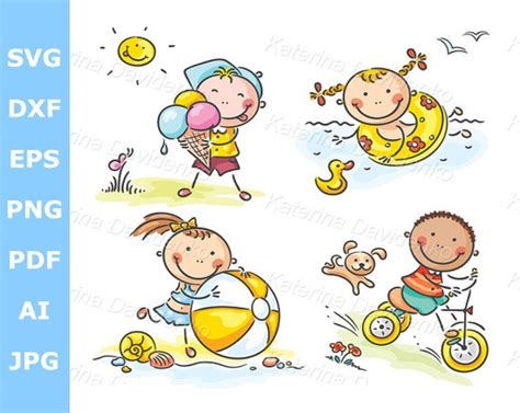 Cartoon Doodle Happy Kids Clipart Summer Activities Outdoors - Etsy