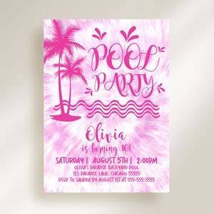 Tropical Pool Party Invitation Template Girls Pink Tie Dye Birthday Pool Party Invitation ...