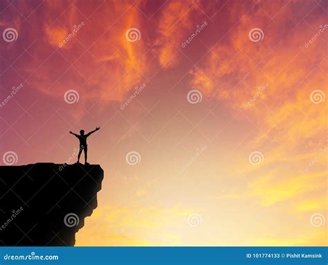 Silhouette Man Standing on Mountain Cliff Sunset Background Stock Image - Image of concept ...