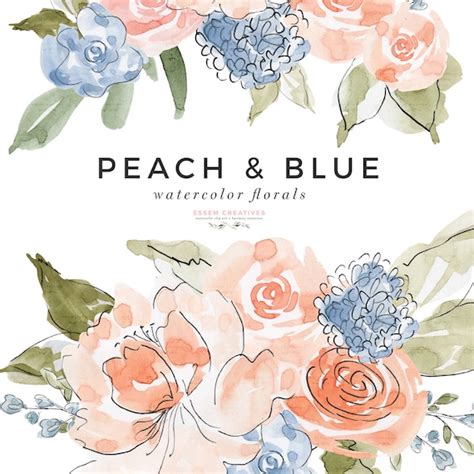 Peach and Blue Flowers Clipart Watercolor Floral Clip Art - Etsy