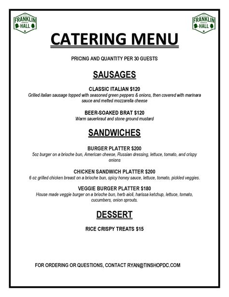 Catering Menu — Franklin Hall | American Beer Hall | Washington, D.C.