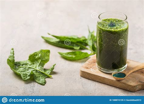 Green Smoothie with Spirulina. Young Barley and Chlorella Spirulina Stock Image - Image of ...