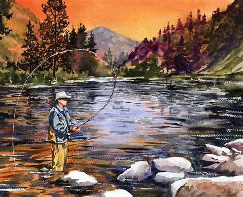 Fly Fishing At Sunset Mountain Lake Painting by Beth Kantor