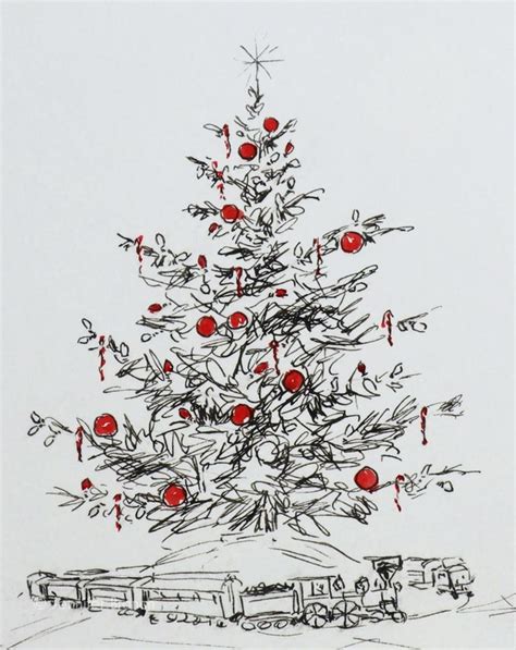 a drawing of a christmas tree with red balls on it