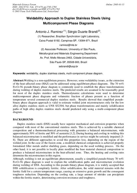 Weldability Approach to Duplex Stainless Steels Using Multicomponent Phase Diagrams | Scientific.Net