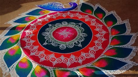 Big Rangoli design 🌺 Sanskar Bharti peacock Rangoli design💞 Sanskar Bharti Rangoli design - YouTube