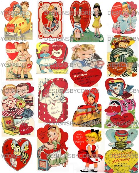 16 Vintage Retro 1950's Valentine Cards, Printable Collage Sheet Valentines Vintage Ephemera ...