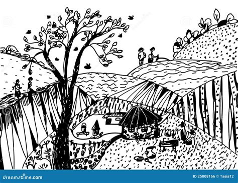 Landscape Sketch with People Stock Vector - Illustration of house, farm ...