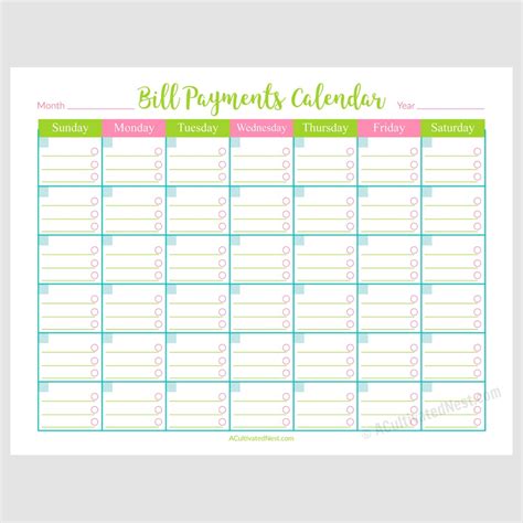 Printable Bill Payments Calendar- A Cultivated Nest