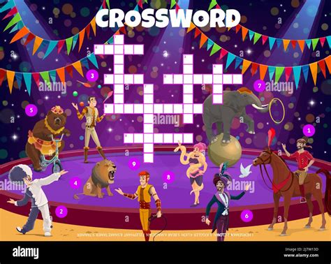 Shapito circus animals, trainers, performers crossword grid worksheet. Find a word vector quiz ...