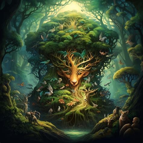 An enchanted forest where trees have faces and animals speak | Premium ...